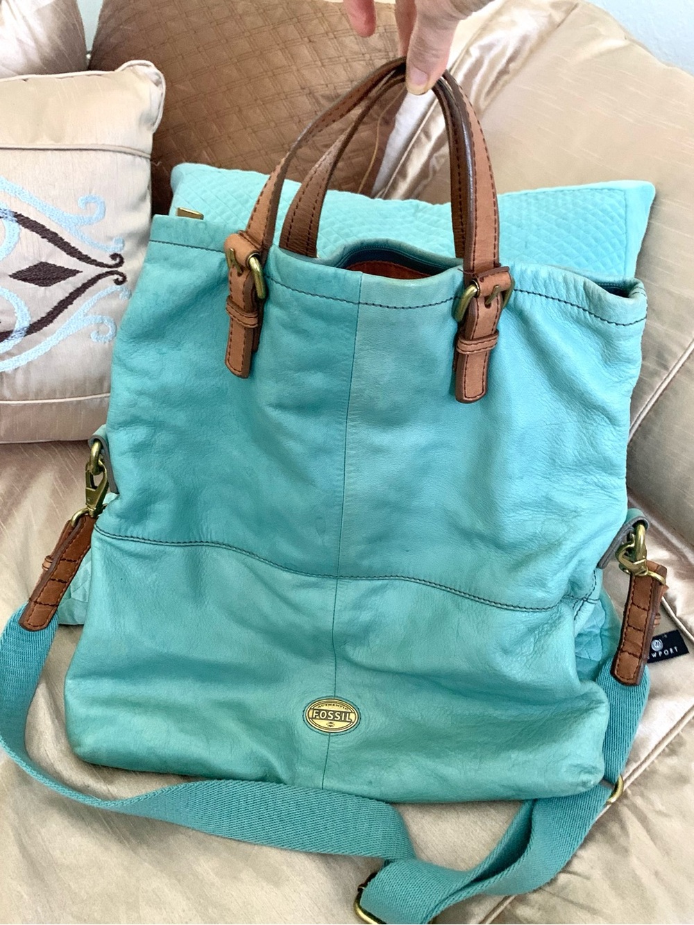 Fossil Leather Turquoise Blue Green Teal Crossbody Tote with Tan Trim